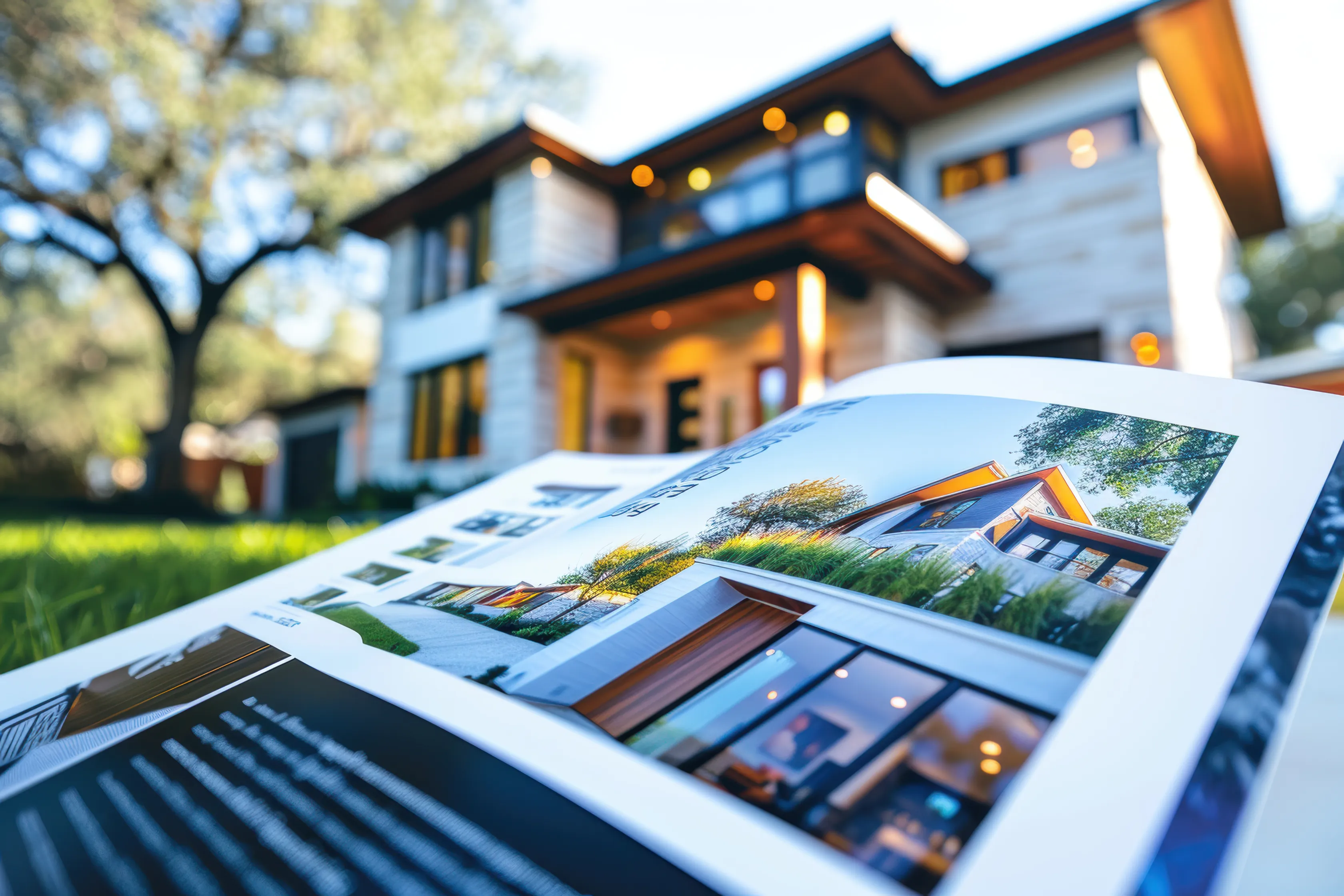 A glossy luxury real-estate brochure laid out on a manicured lawn in front of a modern high-end home, showcasing premium property photography.